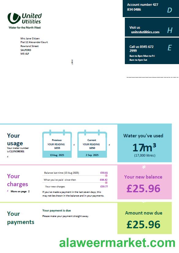United Kingdom United Utilities utility bill template in Word and PDF formats